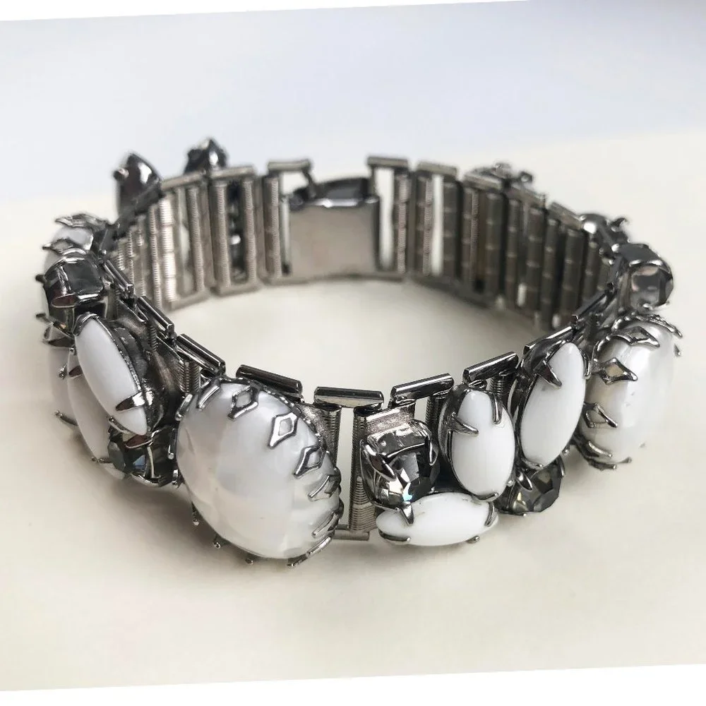 Vintage White Rhinestone Bracelet, Wide Mesh with Large Fancy Crystals Bracelet